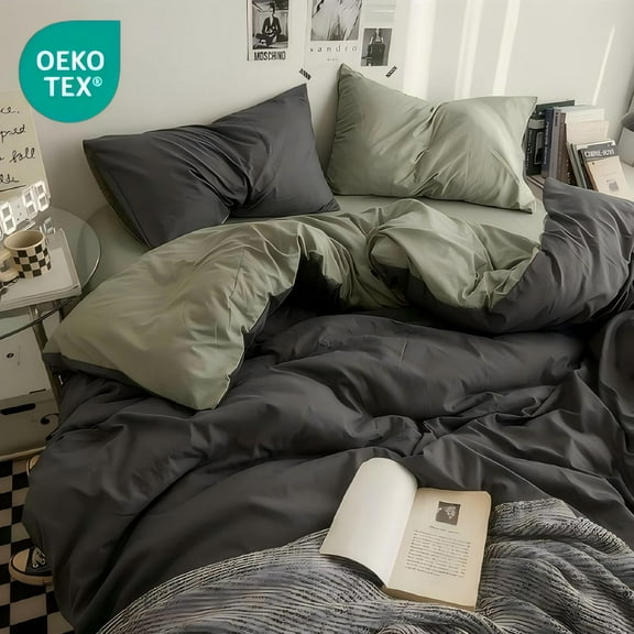 JOLUSERE 3 Piece Duvet Cover Sets Queen Soft Washed Microfiber Reversible Duvet Cover,Solid Dark Gray Green