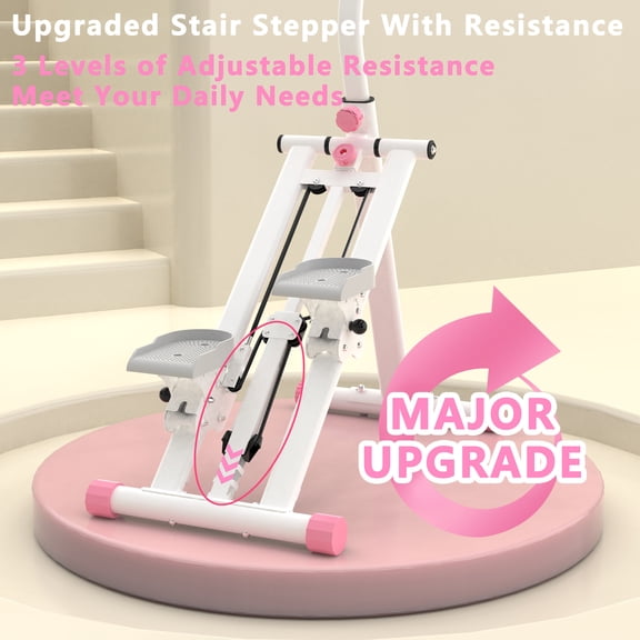 Pink Stair Stepper with Resistance for Home Gym Full-Body Workout - Foldable Vertical Climber Machine with Stable Frame Adjustable Handlebar
