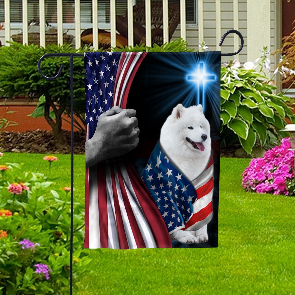 Hand Pulling USA Flag Samoyed Dog Wearing Flag American Standing under Cross Christian Patriotic House Flag (3x5) Double Sided- Premium Polyester-Decorative Indoor Outdoor Flag