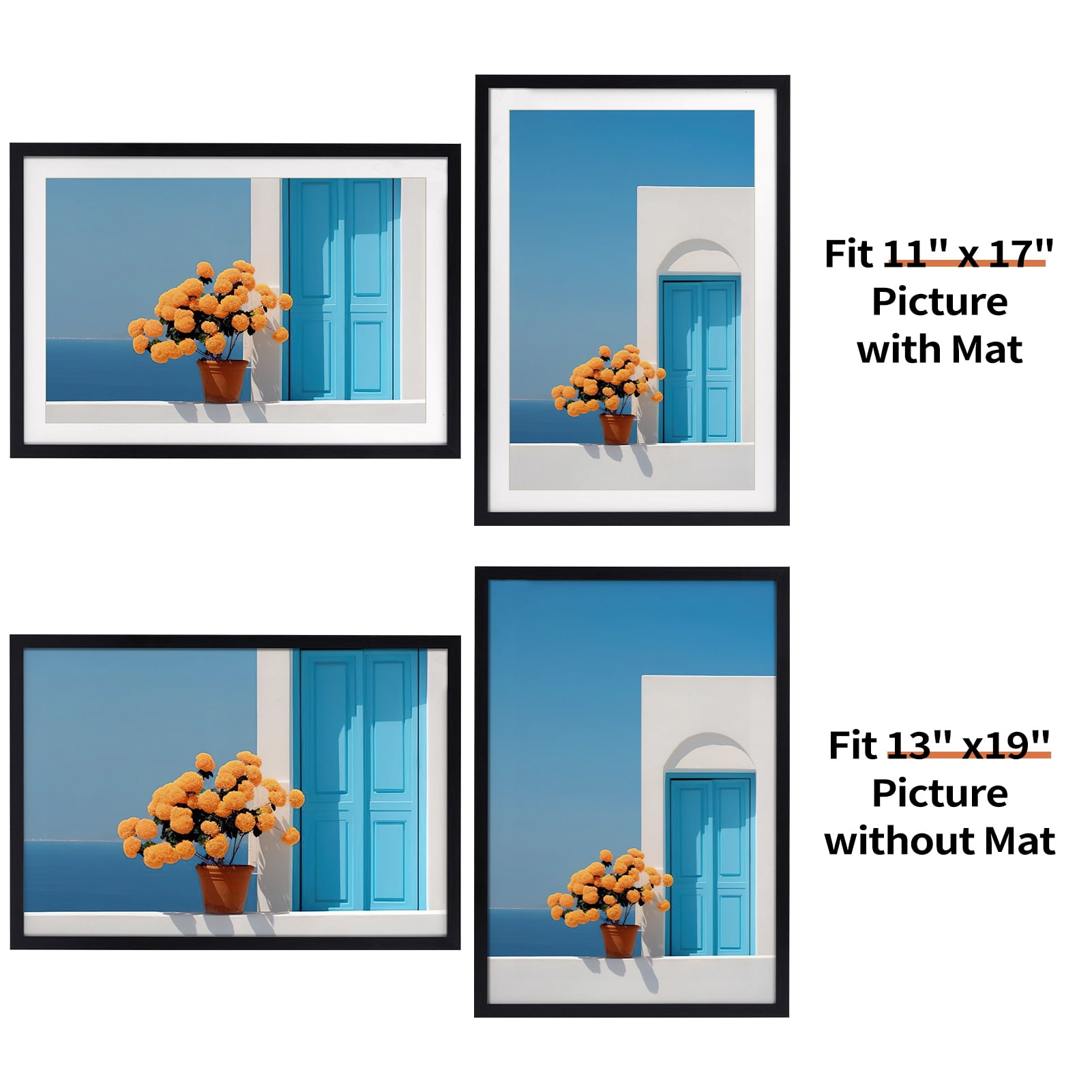 11x17 Picture Frame with Mat, 13x19 Photo Frame without Mat for Wall Mount or Tabletop, Black