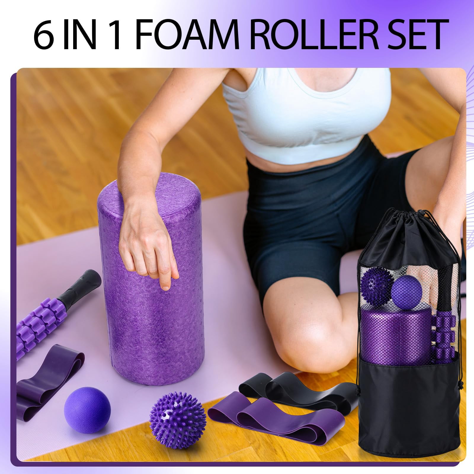 12 Foam Roller Set - 6 In 1 Deep Kit Includes  Massage Ball Stick Fasciitis Stretch Strap & Bag For Body Physical Exercise 2