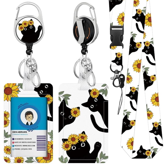 JOPJOLIW Sunflower Black Cat Lanyards for ID Badges, Cute ID Badge Holder with Sunflower Name Tag, Retractable Reel Clip Heavy-Duty Keychain Gift for Teacher Student Nurse