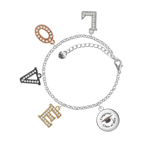 Delight Jewelry Silvertone Domed Class of 2024 Multi-Colored Crystal Love Charm Bracelet