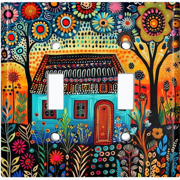 Metal Light Switch Wall Plate Outlet Cover (Printed Image of Vibrant Folk Art Painting - Double Toggle)