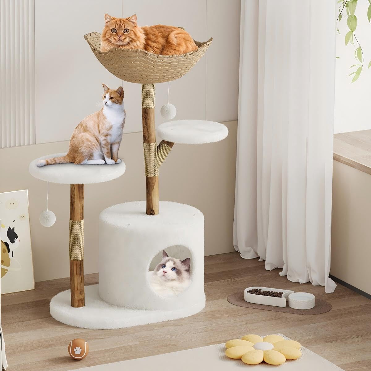 Litake Modern Wood Cat Tree Tower for Large Cats | Luxury Solid Pear Wood Condo with Platforms, Scratching Posts & All-Season Mats, 43" Aesthetic Cat Furniture