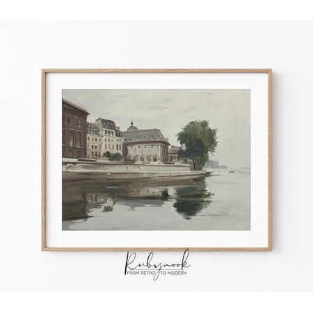 Paris Riverside Vintage Cityscape French Neutral Wall Art, UNFRAMED Size 16x16