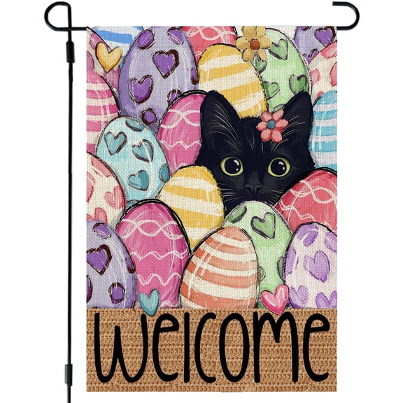 Spring Black Cat Garden Flag 12x18 Inch Double Sided, Floral Seasonal Holiday Outdoor Lawn Yard Decor