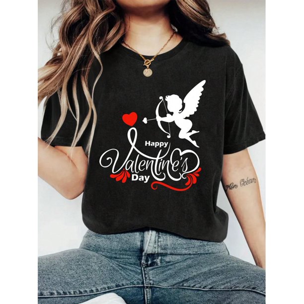 Camiseta con estampado de flecha de Cupido para mujer, ideal para San Valentín. Top informal de manga corta y cuello redondo. Ligera y transpirable, ideal para primavera y verano.