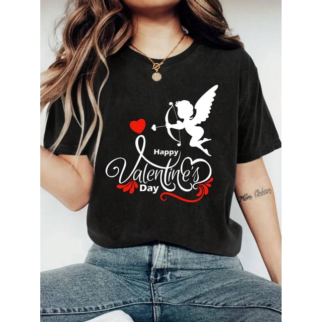 Women's Fashionable Cupid's Arrow Print T-Shirt For Valentine's Day - Casual Short Sleeve Crew Neck Top - Lightweight & Breathable For Spring & Summer Wardrobe