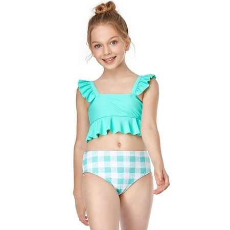 

Lovely Casual Swimwear For Children Girls Patchwork Printed Ruffled Sleeve Fashion Elegant Plaid 2PCS Fashion Wear Bathing Wears Pool Cozy Swimsuits