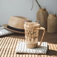 thumbnail image 2 of Vintage Rustic Hand-Woven Bamboo Rattan Cup Holder Coasters Drink Holder Stand Clear Glass Cup Holder with Handle for Coffee Tea Boho Home Decor Gift (Glass Cup not Included), 2 of 7
