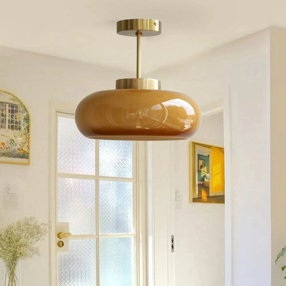 Arturesthome French Retro Hallway Brass Ceiling Light Medieval Restaurant Flush Mount Glass Lamp