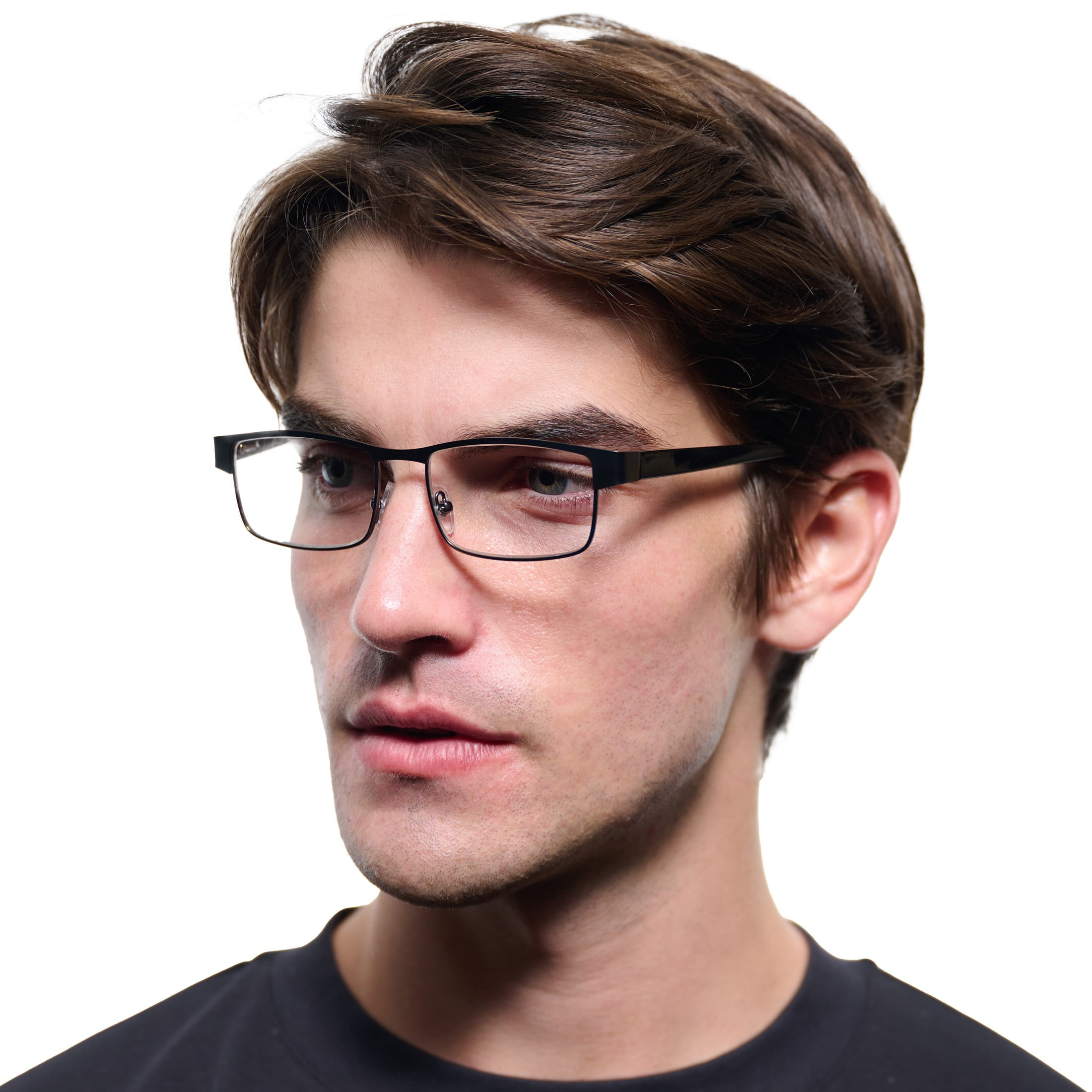 (2 pack) M+ Mens Rectangular Flat Metal Reading Glasses Gun 2.00 Birch in Gunmetal with Classic Black Temples