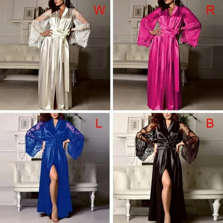 

Sonbest Women s Robe Summer Female Sexy Solid Color Plus Size Long Nightdress Ladies Fashion Elegant Lace Up Satin Silk Robe Sleepwear Blue XXL