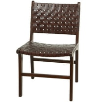 DecMode Leather Handmade Woven Dining Chair with Teak Wood Frame, Set of 2, Brown