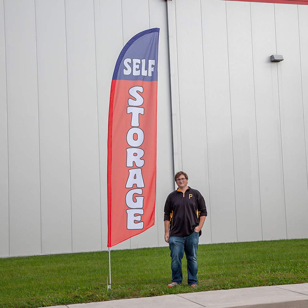 Premium Self Storage Feather Flag Kit - Includes 13ft Sectional Aviation Grade Fiberglass Poles, Self Storage Flag, Ground Spike and Pole Sleeve Bag