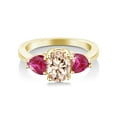 thumbnail image 2 of Gem Stone King 1.86 Ct Oval Peach Morganite Red Created Ruby 18K Yellow Gold Plated Silver Ring, 2 of 4