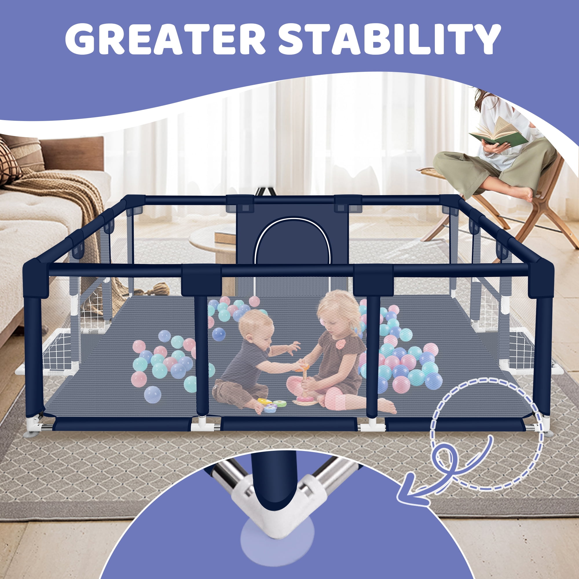 Baby Playpen, HDJ 71 inch Extra Large Baby Play Yard with Soft Breathable Mesh, Play Fence for Infant and Toddlers, Anti-Slip Base, Blue