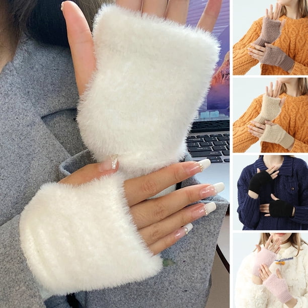Skymirror - 1 par de guantes de invierno para mujer, de felpa, cálidos, sin dedos, para exteriores, elásticos y cálidos, con pelo de visón sintético, gruesos.