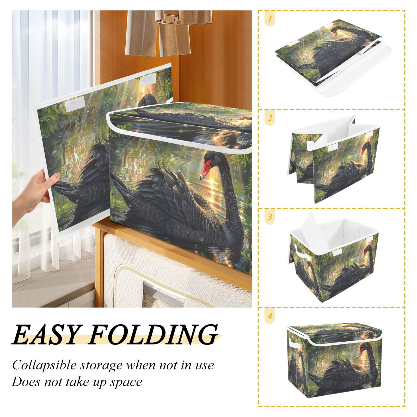 Black Swan Sunlight Storage Basket for Shelves Foldable Container Organizer for Organizing Toys Clothes Books with Handles