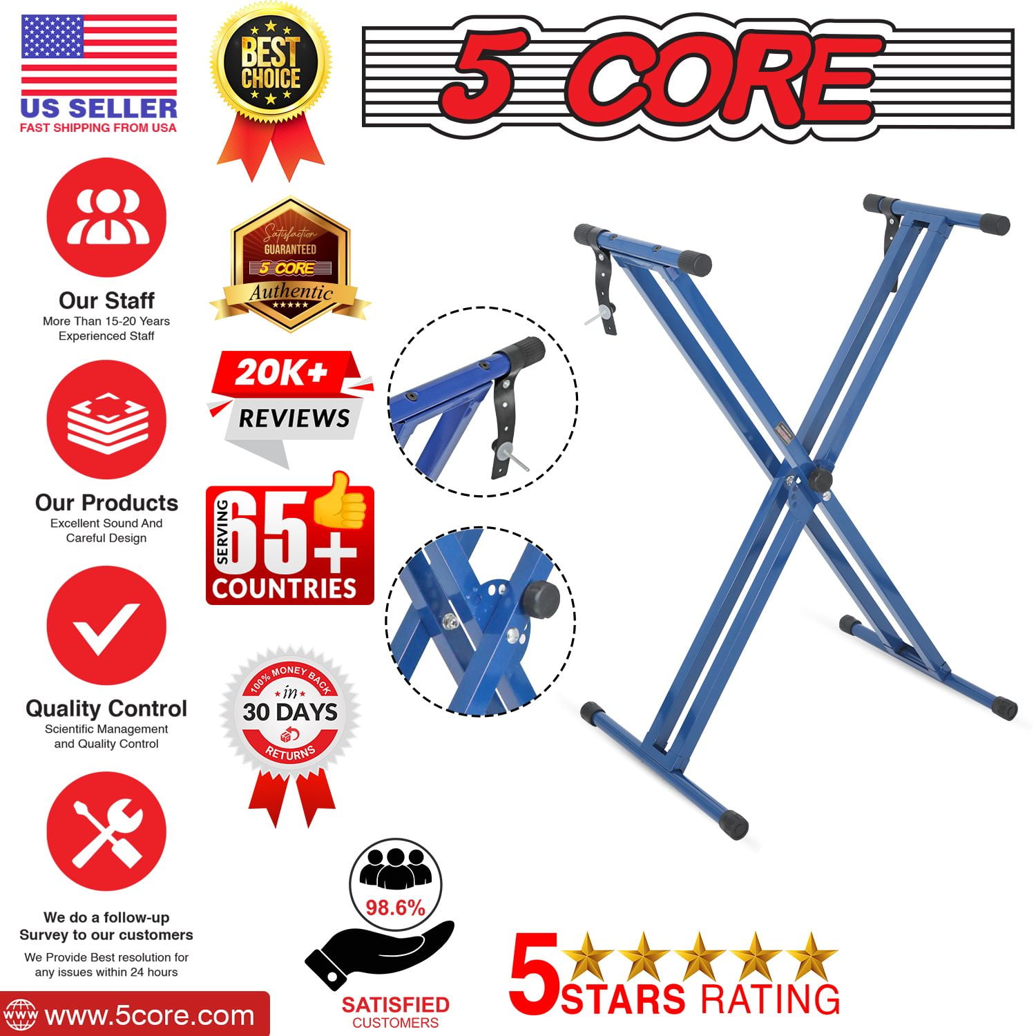 Piano Keyboard Stand Double X Style Heavy Duty Adjustable Digital Electric Piano Riser Durable & Sturdy Music Synthesizer Holder Stands For 61 76 88 Keys w Secure Locking Strap - KS 2X Blue