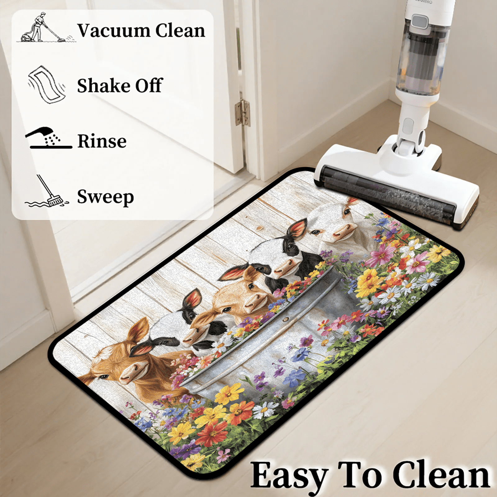 CURLYOOT Highland Cow Front Door Mat, Washable Non-Slip Farmhouse Floral Door Mat, Indoor Outdoor Floor Mats Absorbent Welcome Doormat for Entrance 20" x 30"