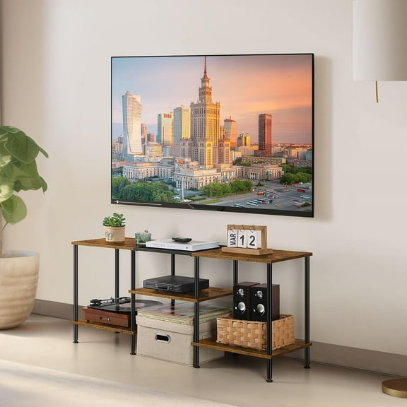 45 Inch Industrial TV Stand with Storage Shelves, Rustic Brown Wood & Metal Console Table for 32-50 inch TVs, Small Entertainment Center for Living Room, Bedroom