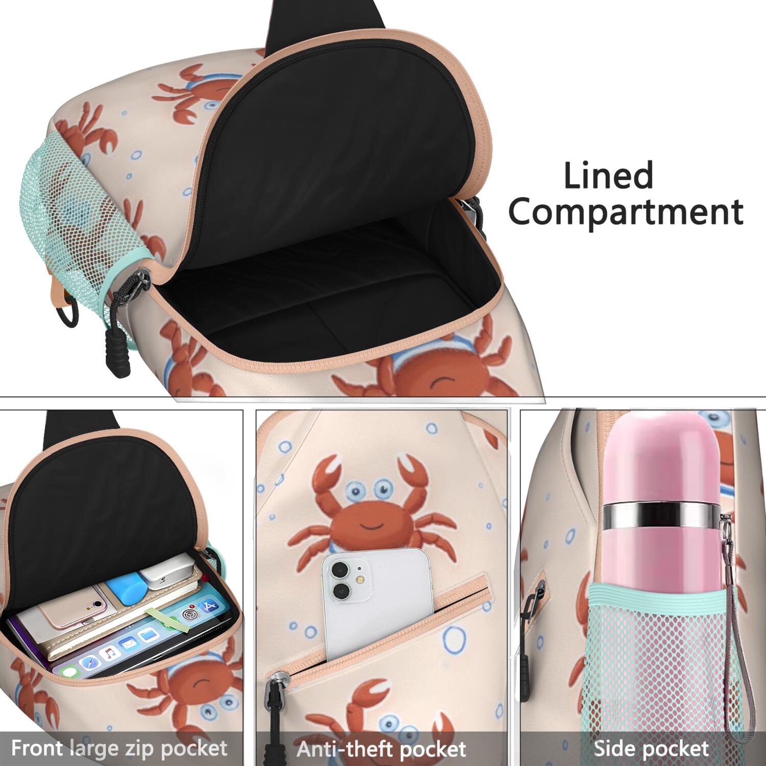 Marine Adorable Crab Sling Bag for Women Men Shoulder Backpack Chest Bag AntiTheft Sling Shoulder Bag