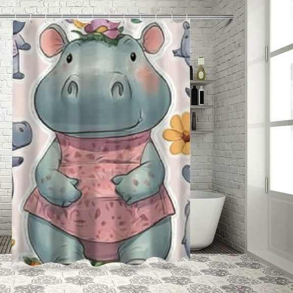 Patifu Hippos Bathroom Décor Set with Hooks, Modern Graphic Print Polyester Chic Shower Curtain Decoration, Waterproof Bathroom Curtain with Vibrant HD Print, Easy to Install, Machine Washable 36"x72