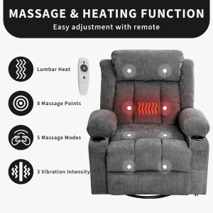 TEQIN Massage Swivel Recliner Chair,Oversized Rocker Recliner with Massage and Lumbar Heat Ergonomic Rocker Chair,Recliner Chairs w/Remote Control, Side Pocket, 2 Cup Holders, USB Charge Port