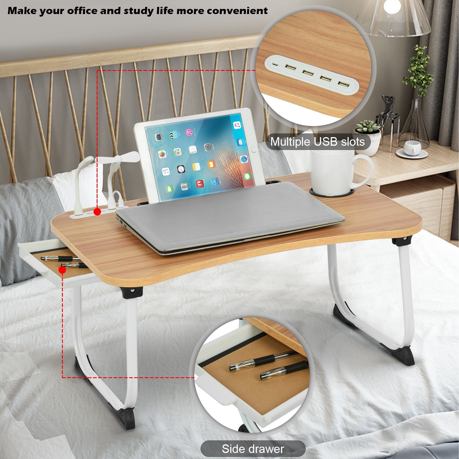 Overbed Table Laptop Bed Table，Portable Bamboo Laptop Stand Foldable Desk Notebook Table Laptop Bed Tray Bed Table Color : Color1 Flower Style Design Play Games On Bed Table with Drawer