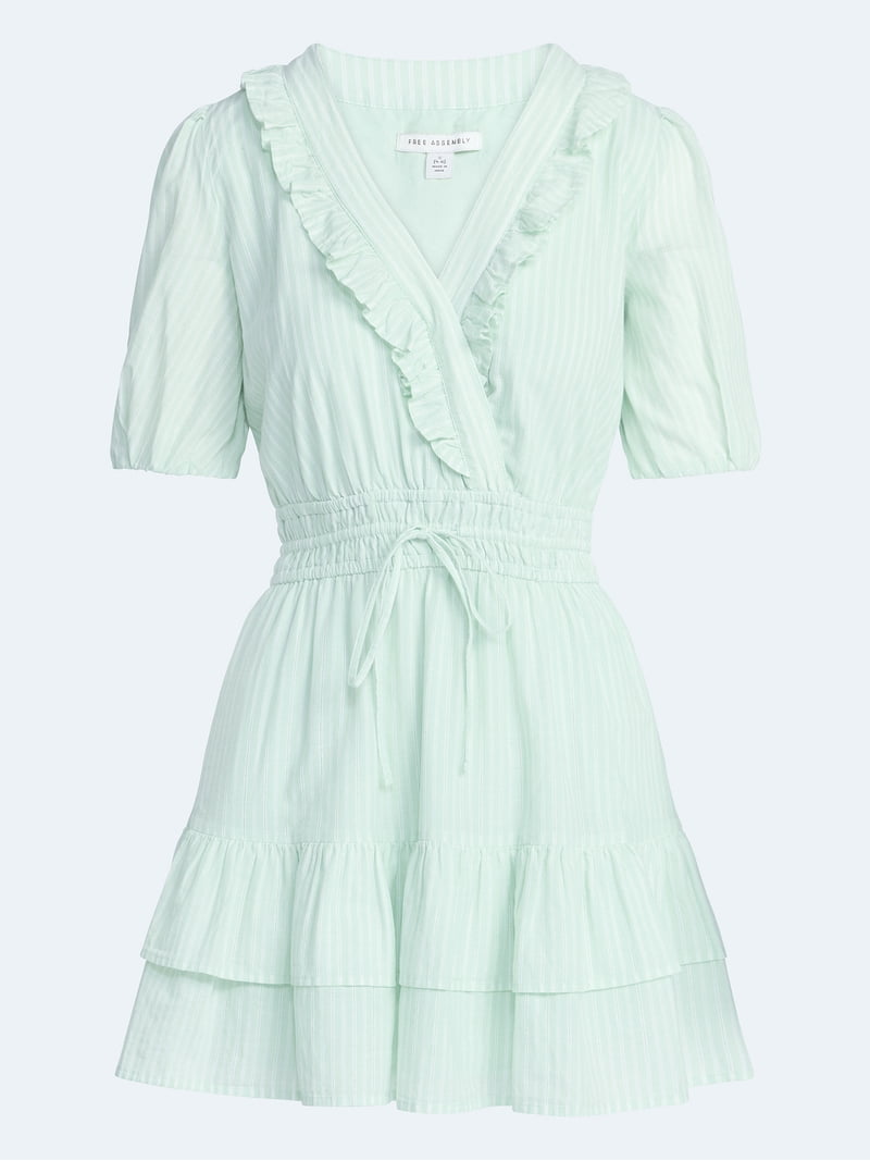 Free Assembly Women's Tiered Ruffle Mini Dress with Short Puff Sleeves, Sizes Xs-xxl, Size: Medium, Green