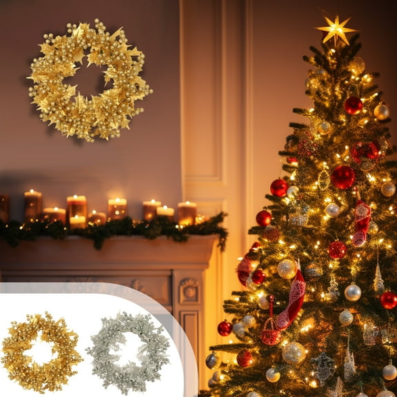 MXTPOV Glitter Christmas Wreath, Fall Wreath with Silver Berries, Christmas Wreaths for Front Door Party Wedding, Home Decor, 13.78 inch