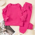 thumbnail image 2 of VNKIDY Girls Kids Solid Color 2 Piece Tracksuit Plush Ruffled Long Sleeve Crewneck Pullover Elastic Waisted Pants For Casual Daily Wear Cozy Set, 2 of 4