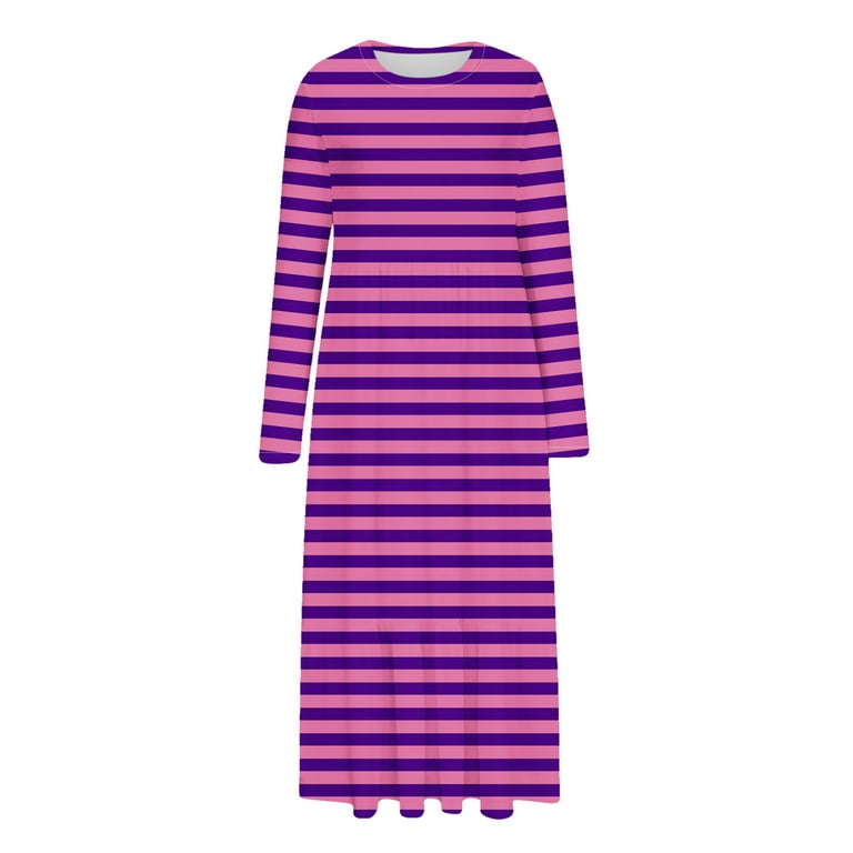 Mrat Striped Dress for Women Women's Round Neck Long Sleeved Dress with Polka Print and Double Pocket Long Dress S-305 Purple L, Size: Large