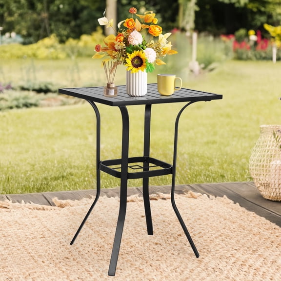 SOLAURA Outdoor Patio Bar Height Table Metal Bistro Table with Umbrella Hole, Black