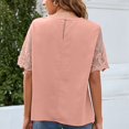 thumbnail image 3 of Camisa de manga corta para mujer, cuello redondo, manga corta de malla de encaje, Color puro, camisa holgada informal para mujer, Top para diario de verano, Rosa XL, 3 of 5