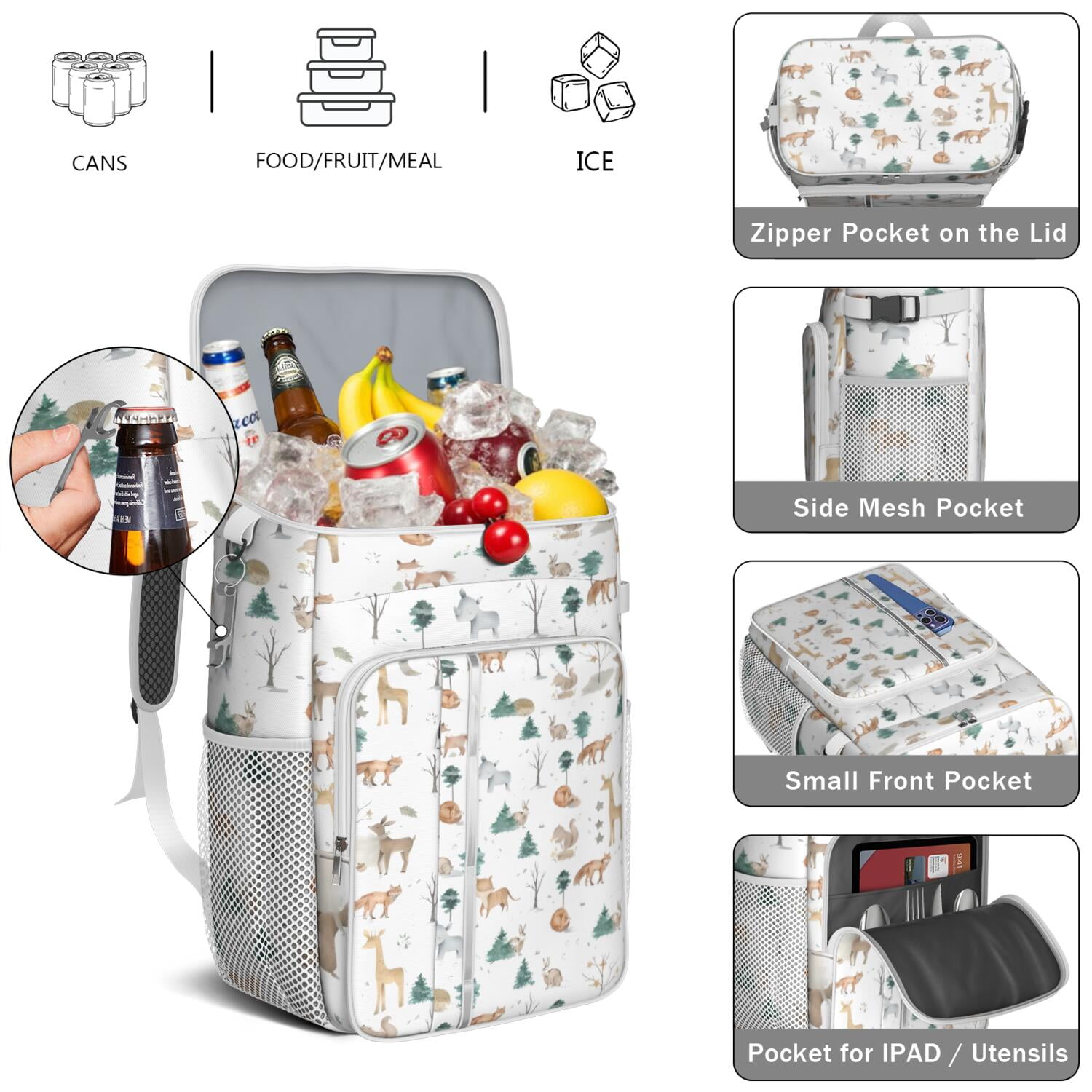 Travel Cooler Bag - White Christmas Forest Animal Pattern Camping Beer Cooler Backpack with Bottle Opener- Waterproof Insulated Picnic Backpacks - Cooler Bag for Beach