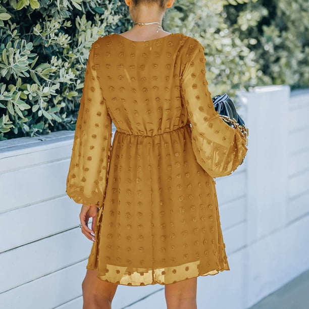 Vestido De Manga Larga Con Cuello En V, Vestido De Manga Larga Para Mujer, Estilo De Línea A Con Volantes, Tul Elegante Con Estampado De Puntos Para Vacaciones Para Mujeres Para ANGGREK EH1711