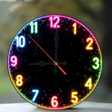Neon Rainbow Wall Clock Light Home Decor 10-Inch Silent Wooden Wall Clock, Battery Operated (AA Batteries Not Included), Artistic Home Decor