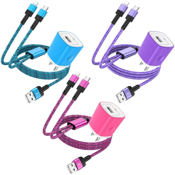 USB Charger Block,3Pcs 2in1 Android&iPhone Multi Charging Cable Type C Charging Cord USBC 4FT&3Pack USB Wall Charger Adapter iPhone Fast Charging Block Compatible for iPhone Android Phone Cord Type C