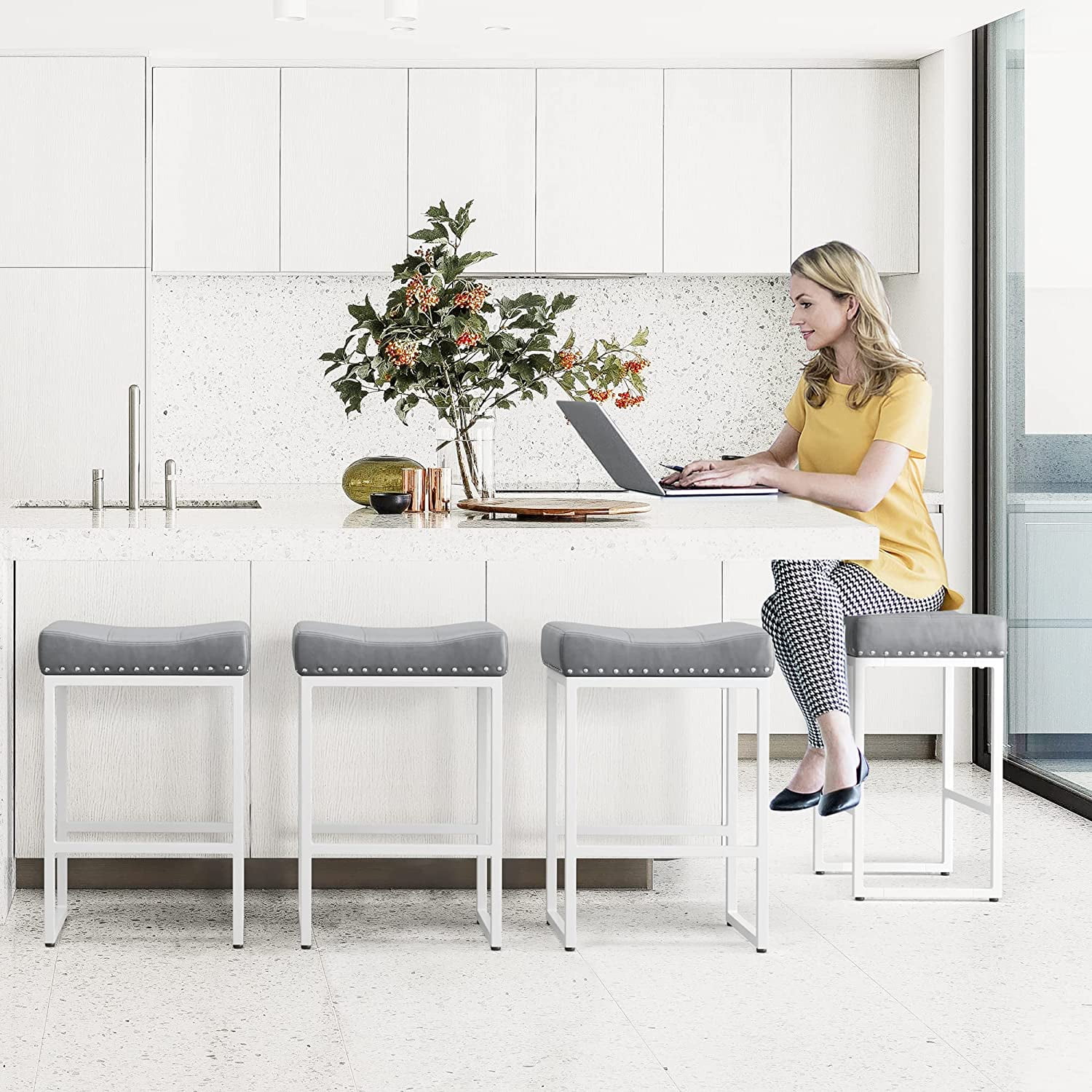 Dycanpo 24" Saddle Counter Height Bar Stools Set of 4, Modern Faux Leather, for Kitchen,Grey