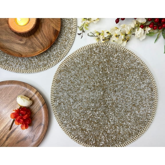 Set of 6, Handmade beaded placemat, beaded table mat, gold and silver