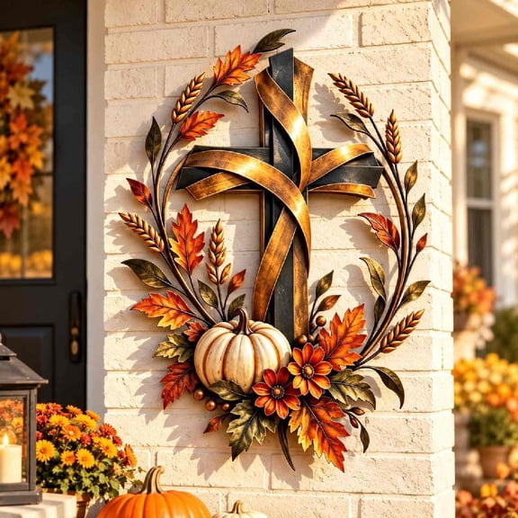Autumn Cross Pumpkin Harvest Metal Wall Decor,Rustic Harvest Accent with Golden Wheat, Thanksgiving Farmhouse Home Display for Porch & Entryway,9.84"W x9.84"H(S(9.84"W x9.84"H))