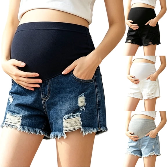 Naittoop Women's Maternity Ripped Hem Skinny Shorts Elastic Waist Jeans Pregnant Denim Shorts