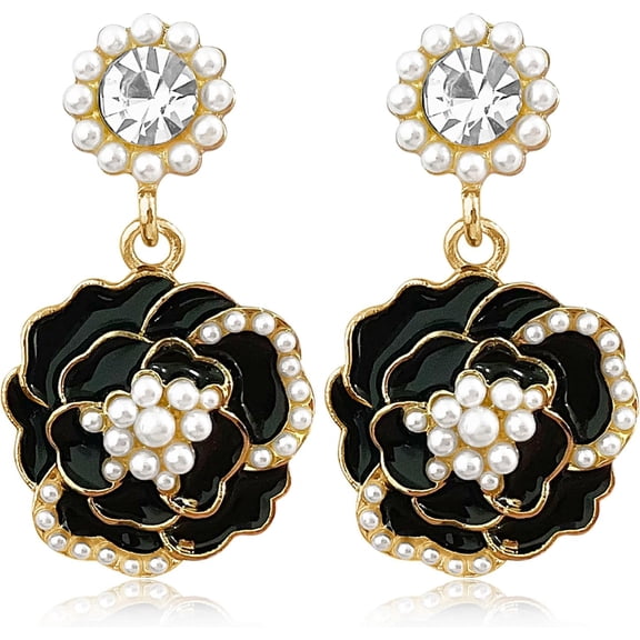 Sakuo Black Camellia Flower Drop Earrings, Faux Pearl Crystal Vintage Jewelry for Women