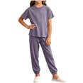 thumbnail image 3 of Bovxnpu Girls Sleepwear 2 Piece Loungewear Set Ribbed Short Sleeve Top and Elastic Cuffed Pants Loungewear Outfits Set, 3 of 7