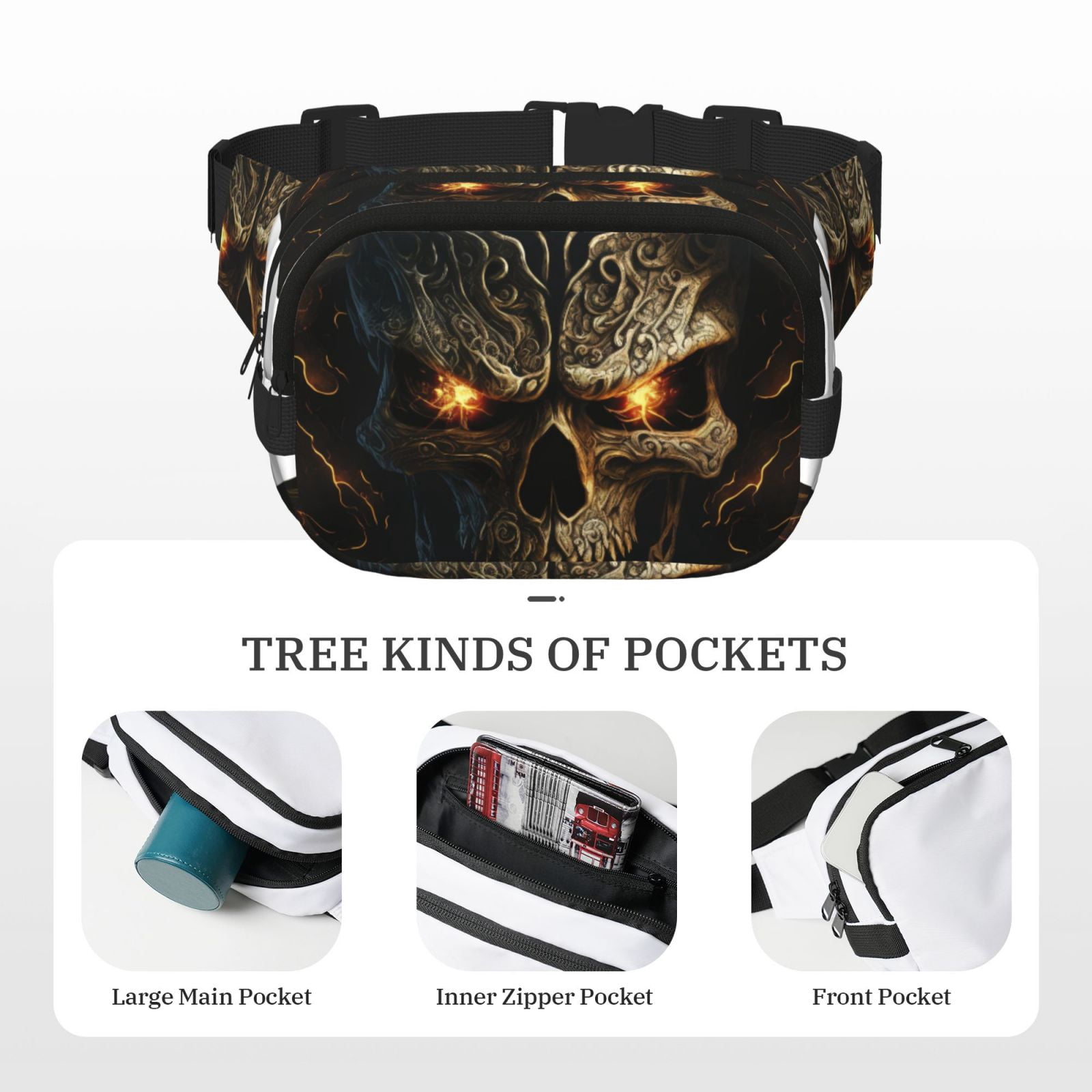 Kuqiui Metal Evil Skull Print Fanny Packs for Women Cross Body Waist Bag Fashionable Fanny Pack Designer Workout Hiking Waist Pack Running Travel Gym