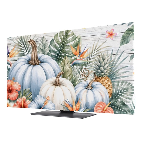 Indoor TV Cover 43 Inch, Tropical Plants Elastic Monitor Dust Covers for Television, Desktop Computer Summer Fall Pumpkins Palm Leaves Wood Grain Dustproof Fitted TV Cover for Inside 37.6"L x 21.1"H