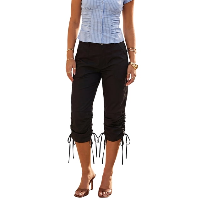 Pantalones capri de mujer para primavera/verano con cordón ajustable en los puños, color liso, corte ajustado y largo cropped.